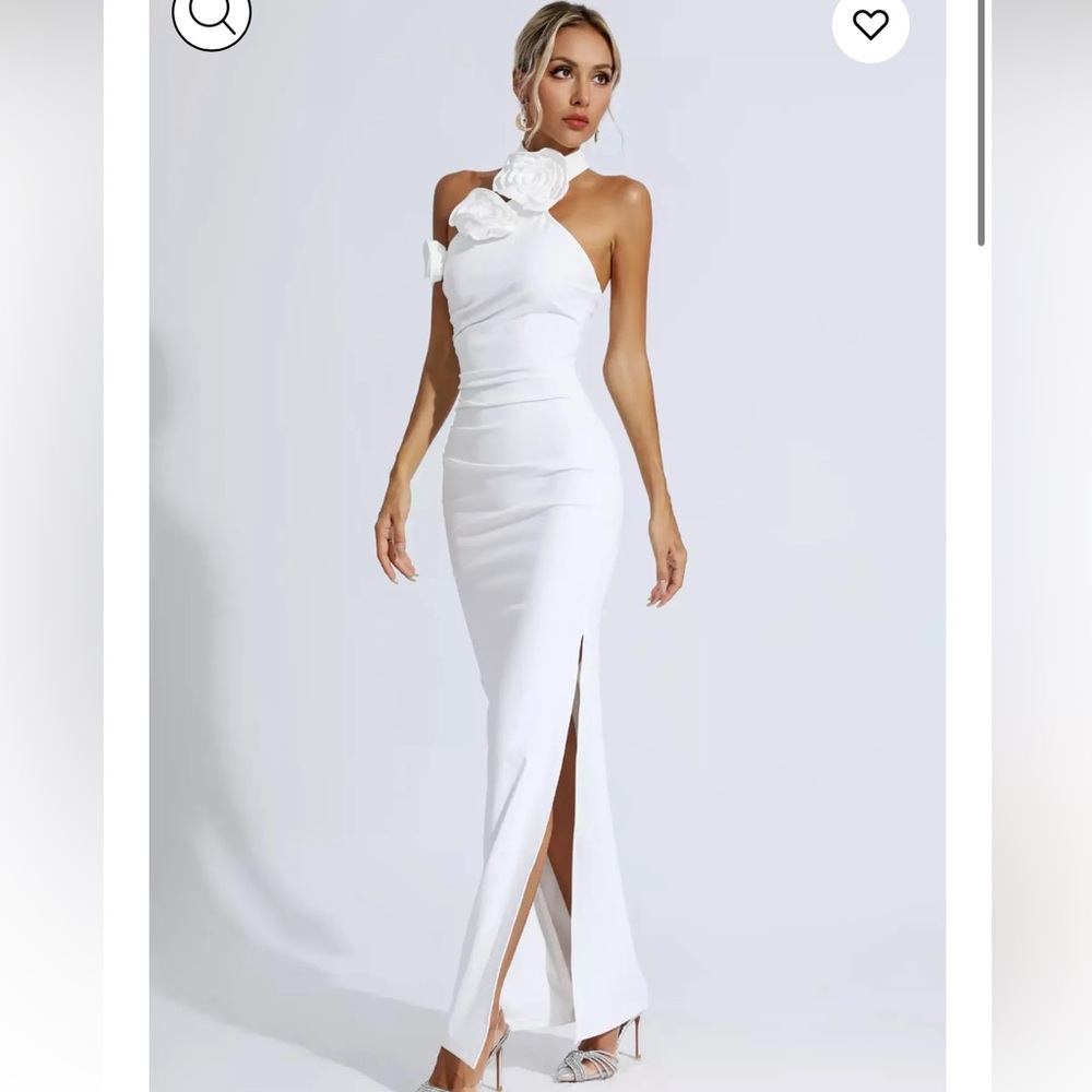 White Floral Halter Maxi Dress with High Side Slit